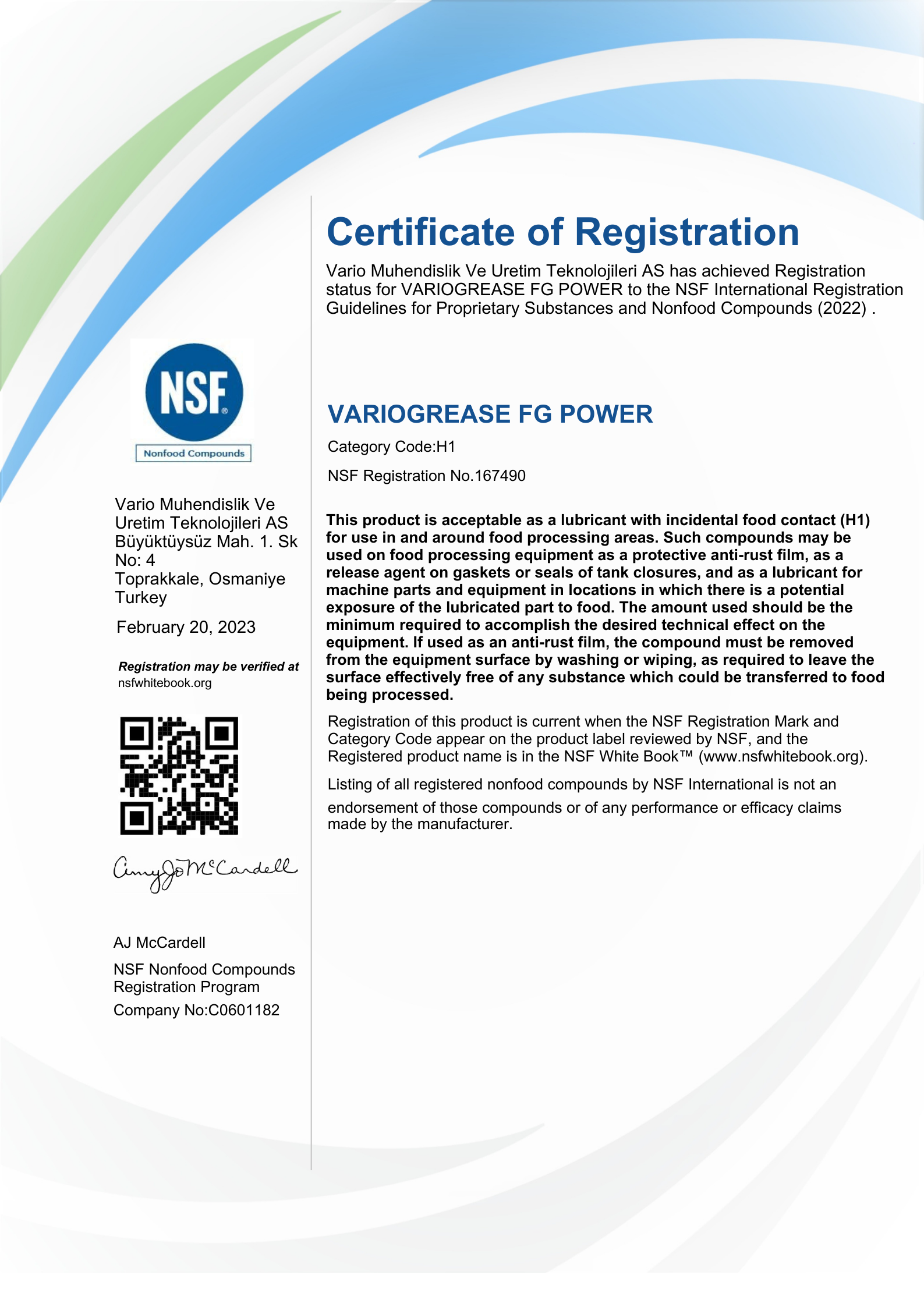 Vario Grease certificate 3