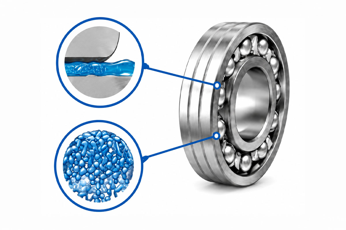 Bearing lubrication under load showing grease and lubricating film