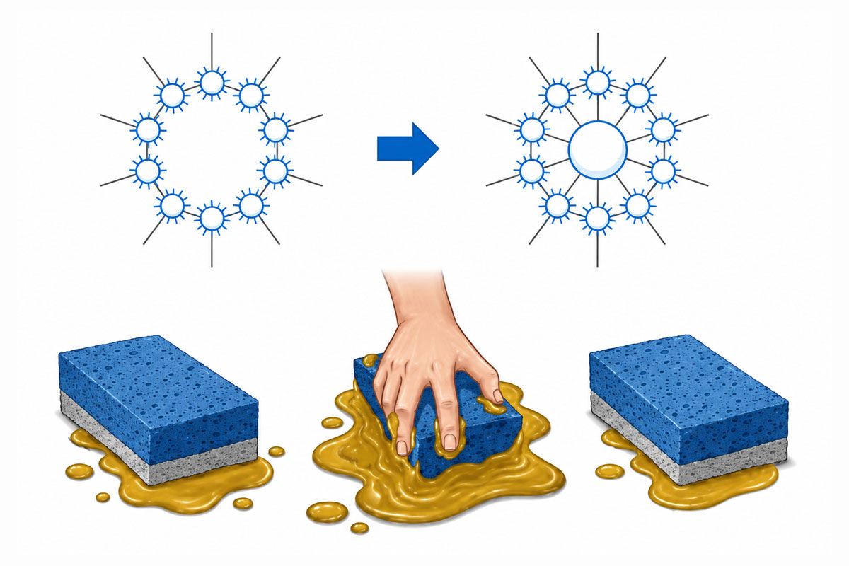 Soap structure and sponge analogy illustrating grease oil release and reabsorption